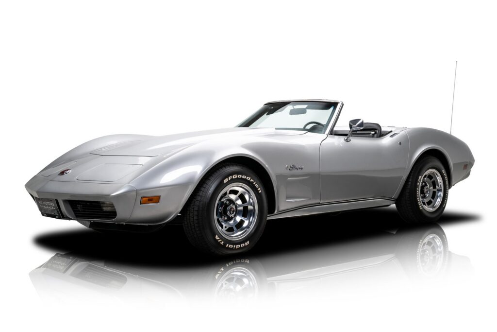 Body-off restored 1974 Chevrolet Corvette convertible in Silver Mist with numbers-matching L48 350, for sale at RK Motors for $46,900